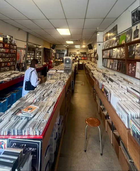 Het interieur van De Plaatboef Utrecht: een lange gang met platenbakken, cd's en lijsten aan de muur.